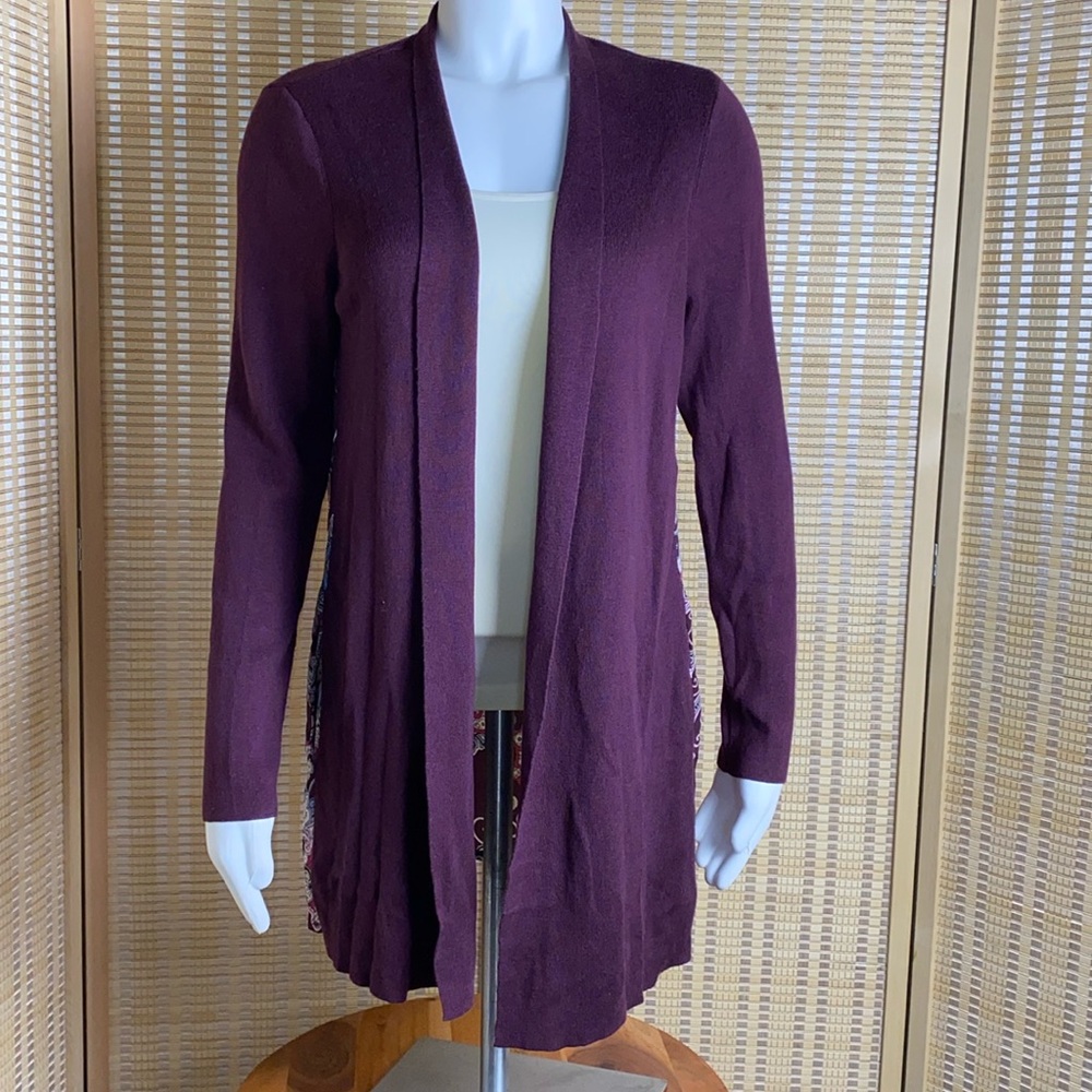Chico’s Sweet Shiraz Printed Woven-Back Open Knit  Cardigan 1=S =8